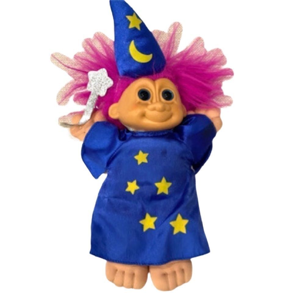Vintage Russ Wizard Troll Doll Soft Body Pink Hair Blue Star Satin 12” with Hat
